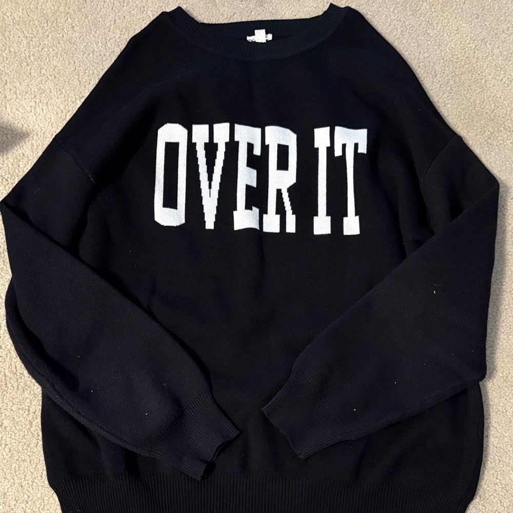 Garage Black Crewneck Sweater with White 'Over It' Text